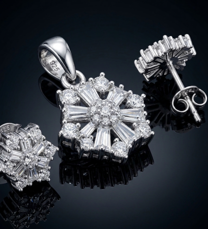 925 Sterling Silver Snowflake Pendant and Earrings Set