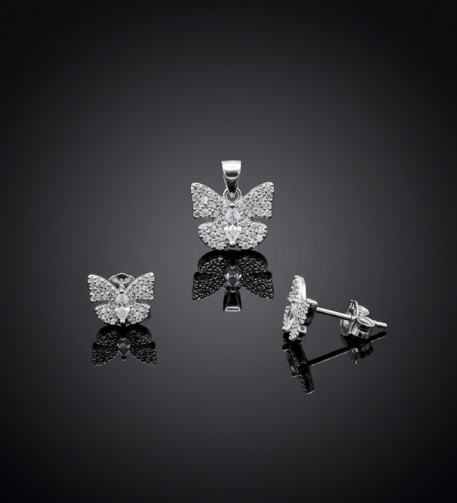 925 Sterling Silver Pave Butterfly Pendant and Earrings Set