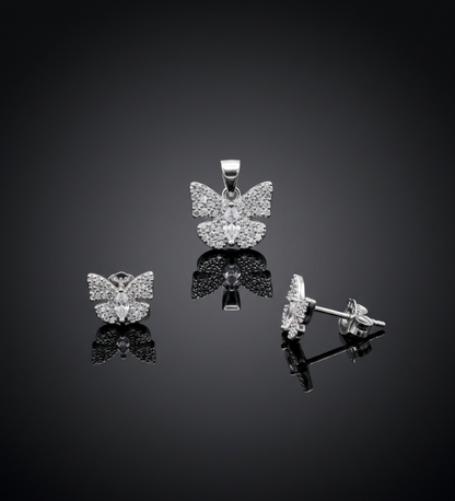 925 Sterling Silver Pave Butterfly Pendant and Earrings Set
