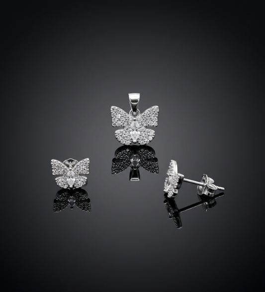 925 Sterling Silver Pave Butterfly Pendant and Earrings Set