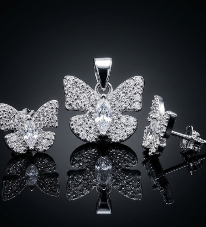925 Sterling Silver Pave Butterfly Pendant and Earrings Set