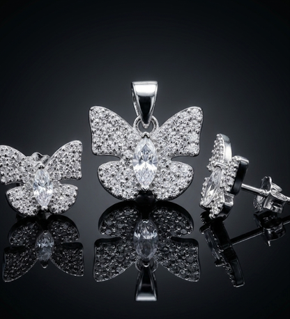 925 Sterling Silver Pave Butterfly Pendant and Earrings Set