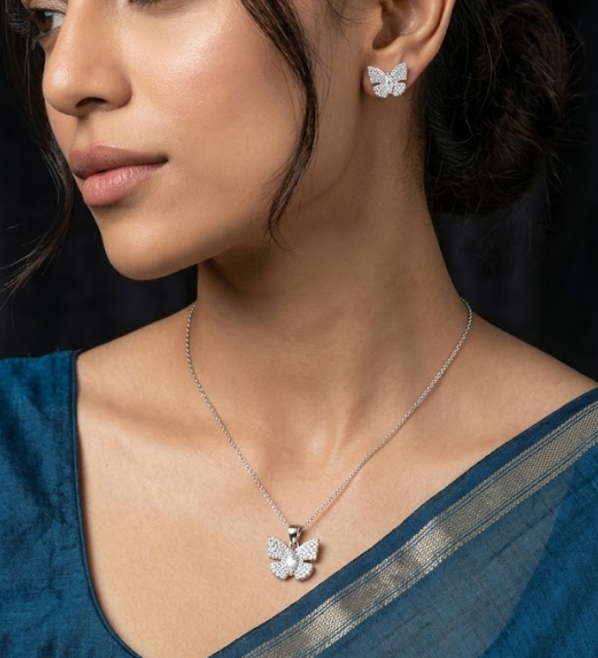 925 Sterling Silver Pave Butterfly Pendant and Earrings Set