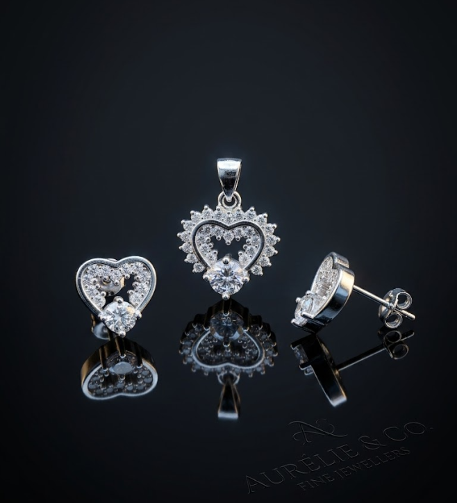 925 Sterling Silver Heart Pendant and Earrings Set