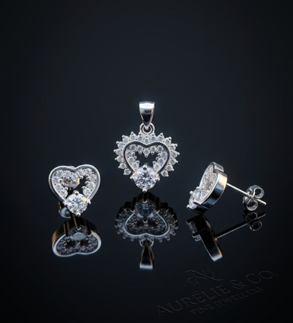 925 Sterling Silver Heart Pendant and Earrings Set