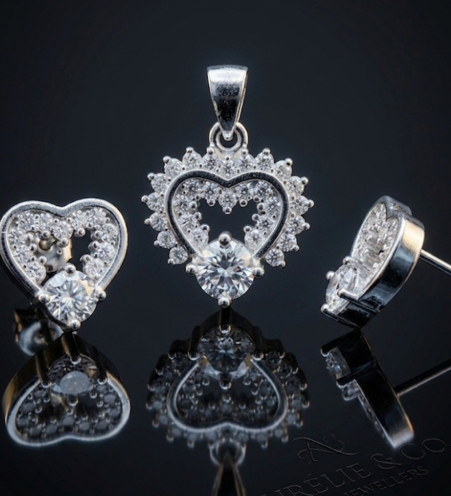 925 Sterling Silver Heart Pendant and Earrings Set