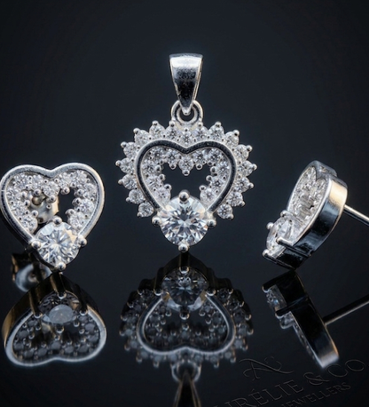 925 Sterling Silver Heart Pendant and Earrings Set