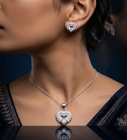 925 Sterling Silver Heart Pendant and Earrings Set