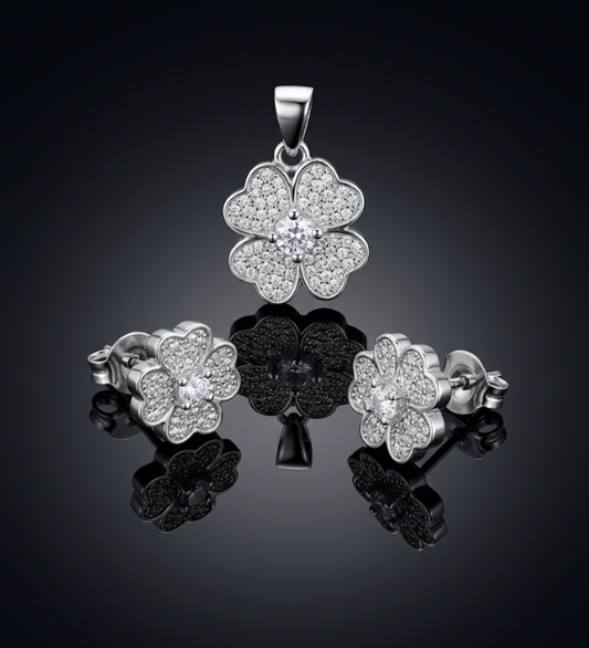 925 Sterling Silver Sparkling Four-Leaf Clover Jewellery Set