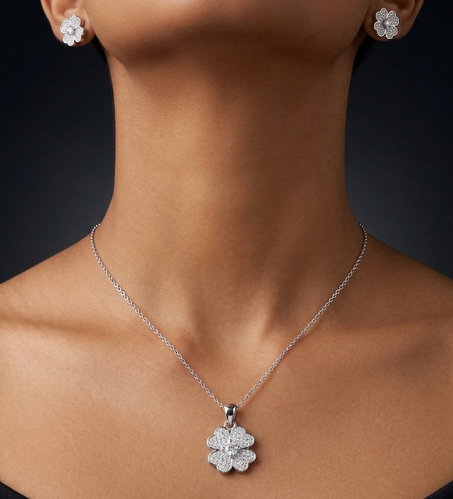 925 Sterling Silver Sparkling Four-Leaf Clover Jewellery Set