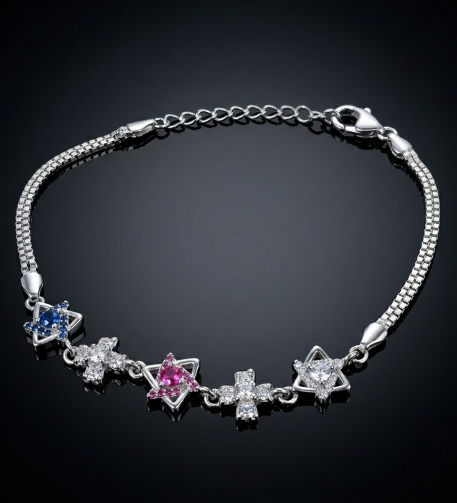 925 Sterling Silver Multi-Stone Symbol Charm Bracelet
