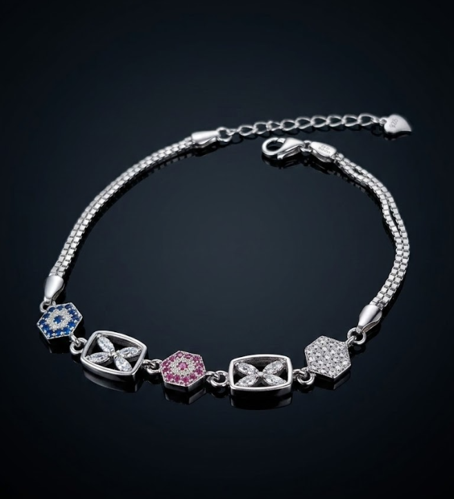 Geometric Multi-Stone Charm 925 Sterling Silver Bracelet