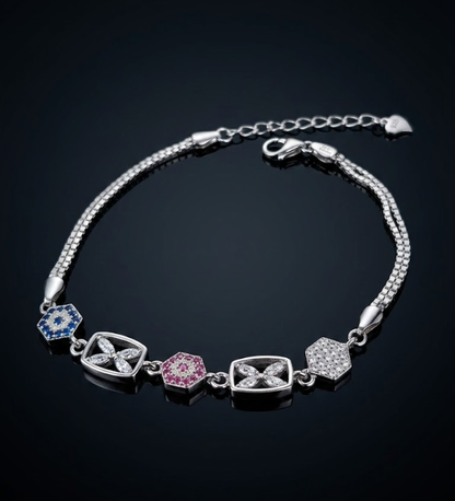 Geometric Multi-Stone Charm 925 Sterling Silver Bracelet