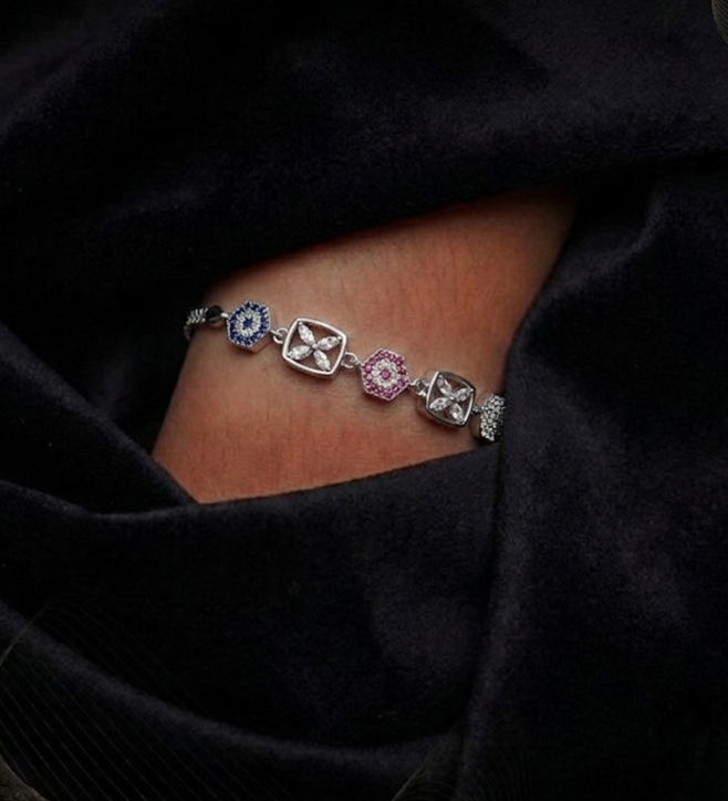 Geometric Multi-Stone Charm 925 Sterling Silver Bracelet