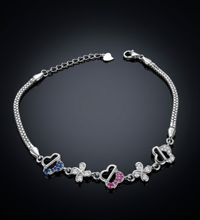 925 Sterling Silver Multi-Heart Colorful Stone Bracelet