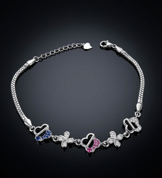 925 Sterling Silver Multi-Heart Colorful Stone Bracelet