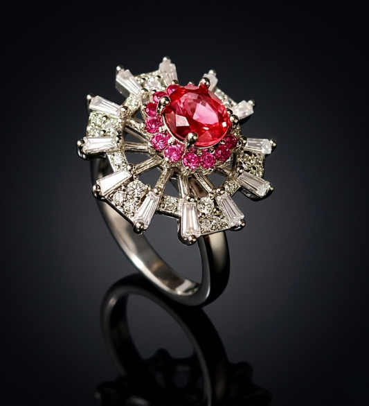 925 Sterling Silver Vintage Ruby Floral Statement Ring