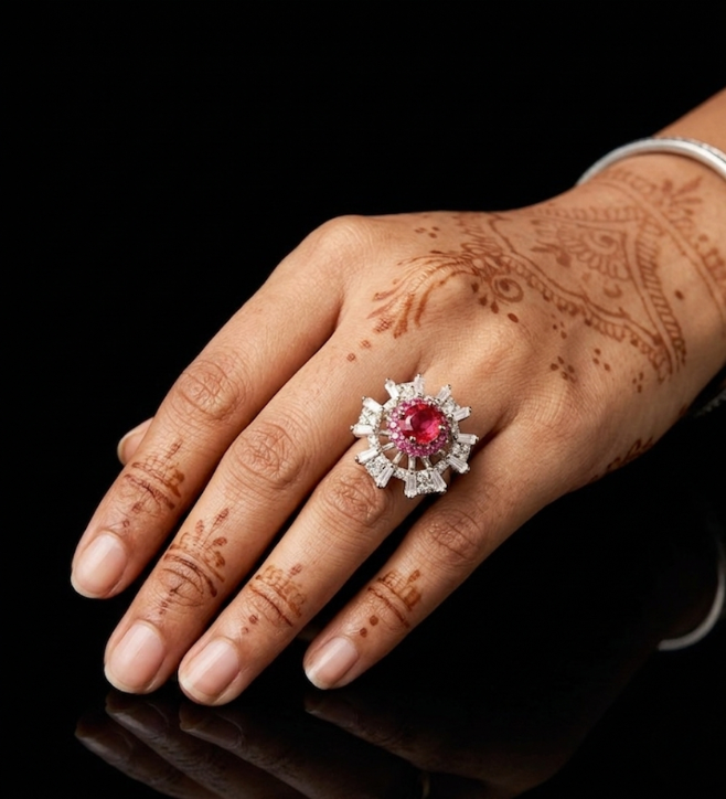 925 Sterling Silver Vintage Ruby Floral Statement Ring