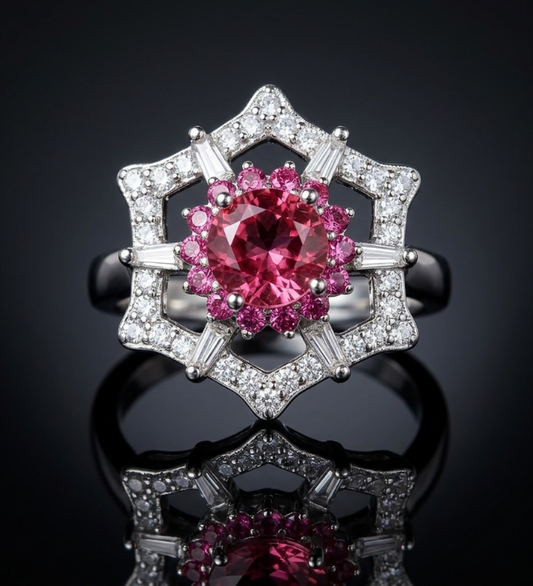 925 Sterling Silver Snowflake Ring with Pink Tourmaline and CZ Accents