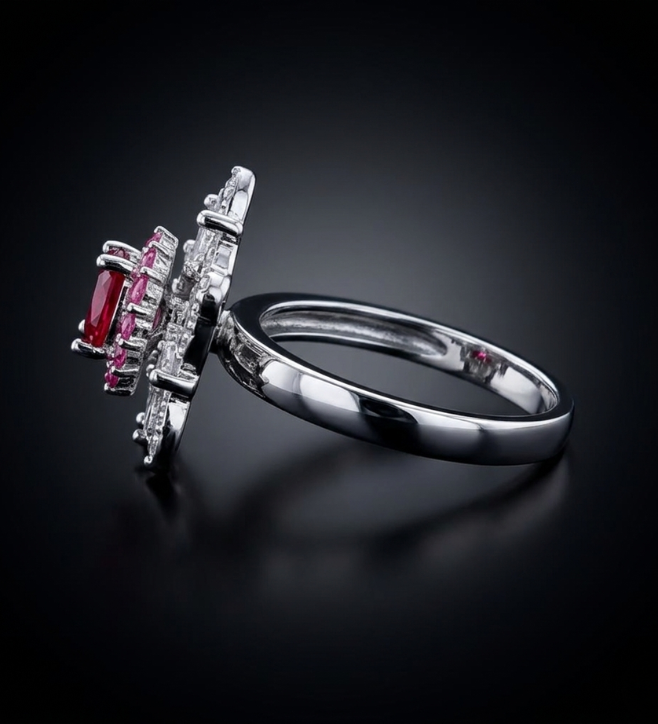 925 Sterling Silver Snowflake Ring with Pink Tourmaline and CZ Accents