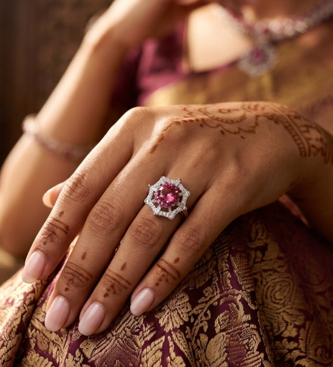 925 Sterling Silver Snowflake Ring with Pink Tourmaline and CZ Accents