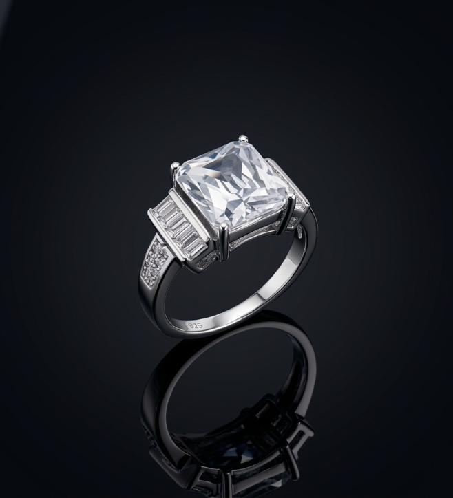 Sterling Silver Elegant Emerald Cut AD Ring