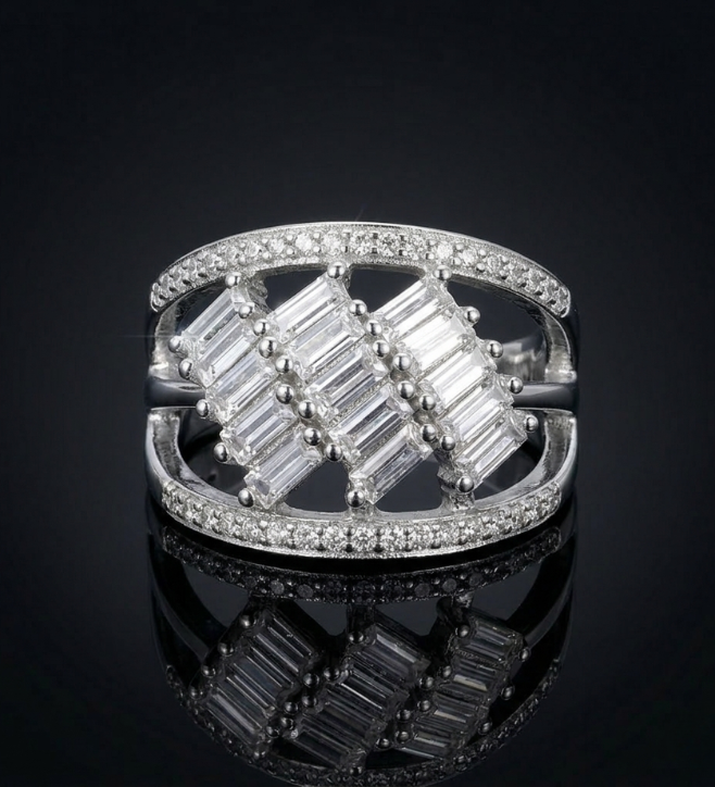 925 Silver Multi-Row CZ Bagurtte and Round Cut Ring