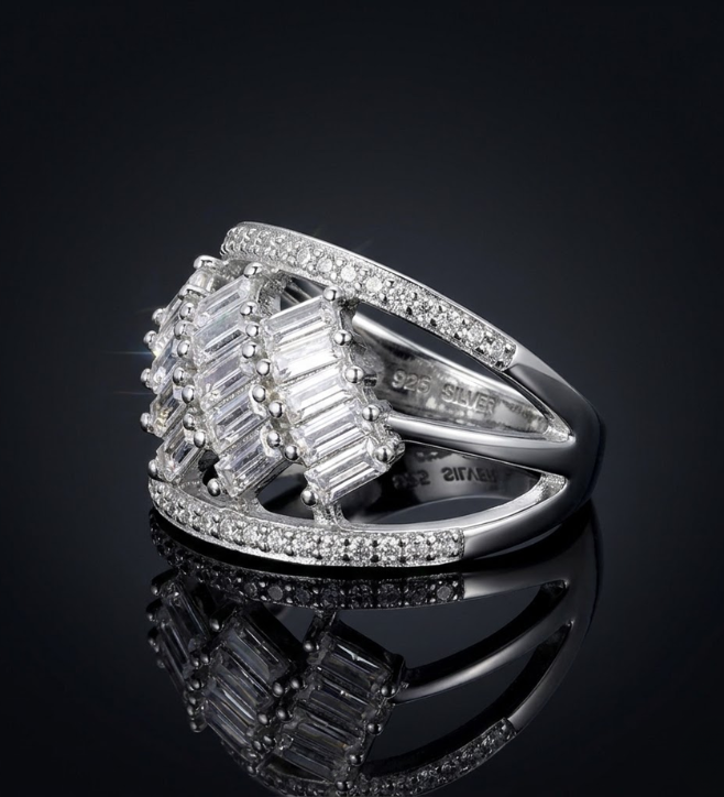 925 Silver Multi-Row CZ Bagurtte and Round Cut Ring