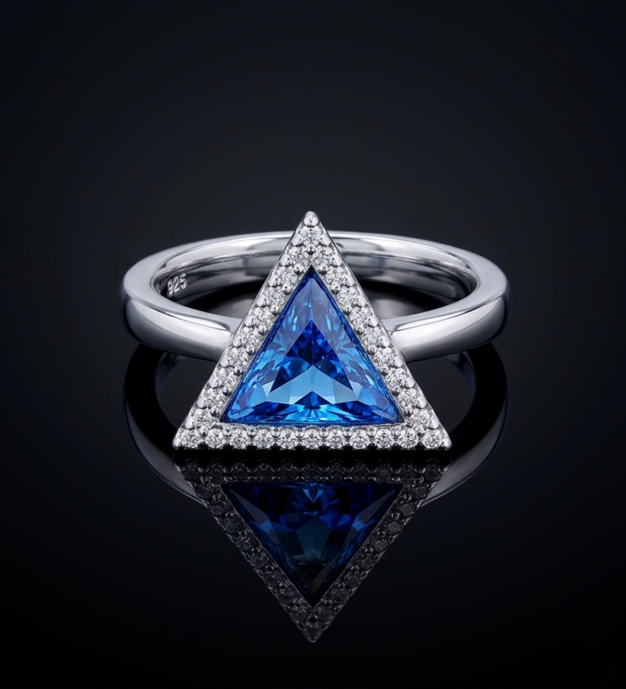 Sterling Silver Tringle Shape with  Blue crystal Ring