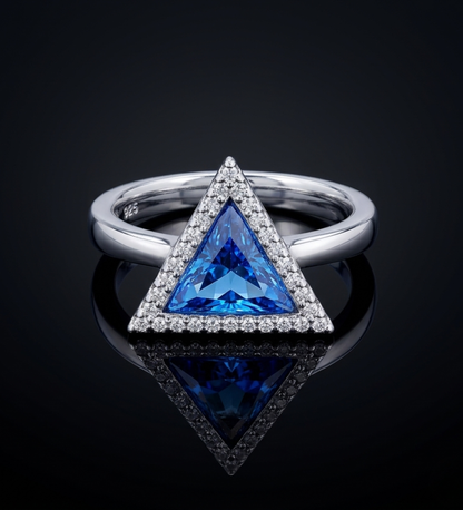 Sterling Silver Tringle Shape with  Blue crystal Ring