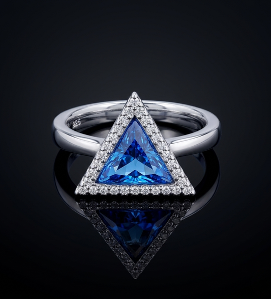 Sterling Silver Tringle Shape with  Blue crystal Ring