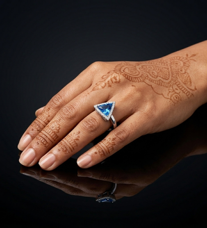 Sterling Silver Tringle Shape with  Blue crystal Ring
