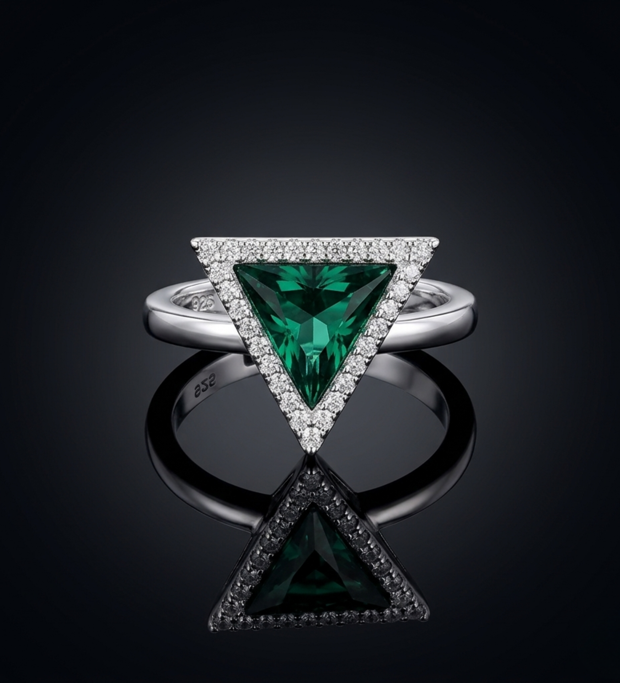 Sterling Silver Tringle Shape with Dark Green Crystal Ring
