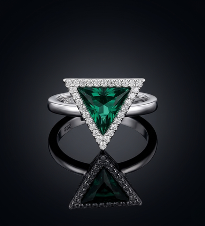 Sterling Silver Tringle Shape with Dark Green Crystal Ring