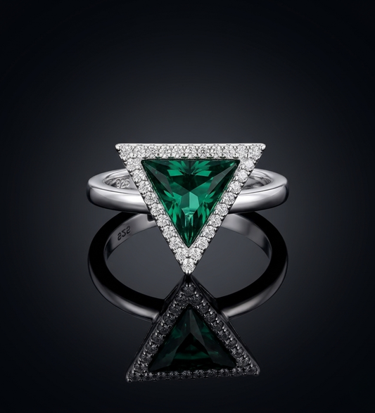 Sterling Silver Tringle Shape with Dark Green Crystal Ring