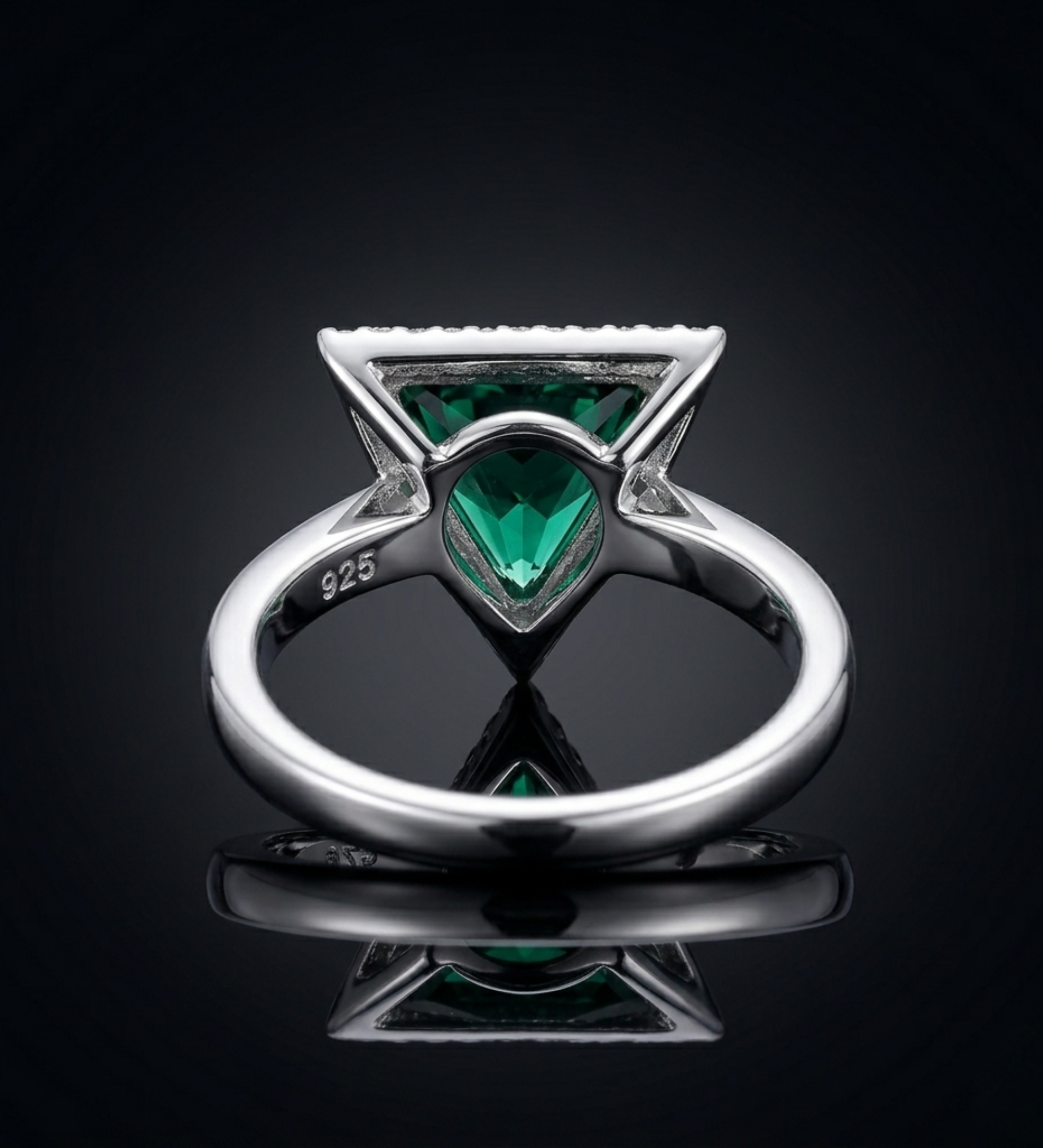 Sterling Silver Tringle Shape with Dark Green Crystal Ring