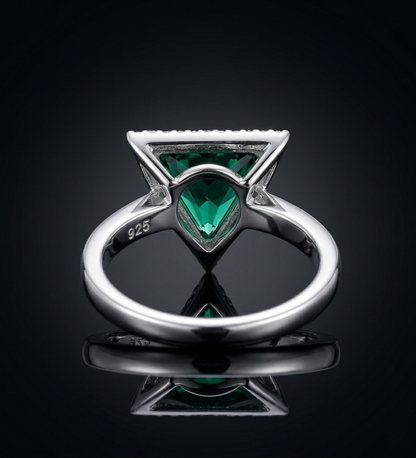 Sterling Silver Tringle Shape with Dark Green Crystal Ring