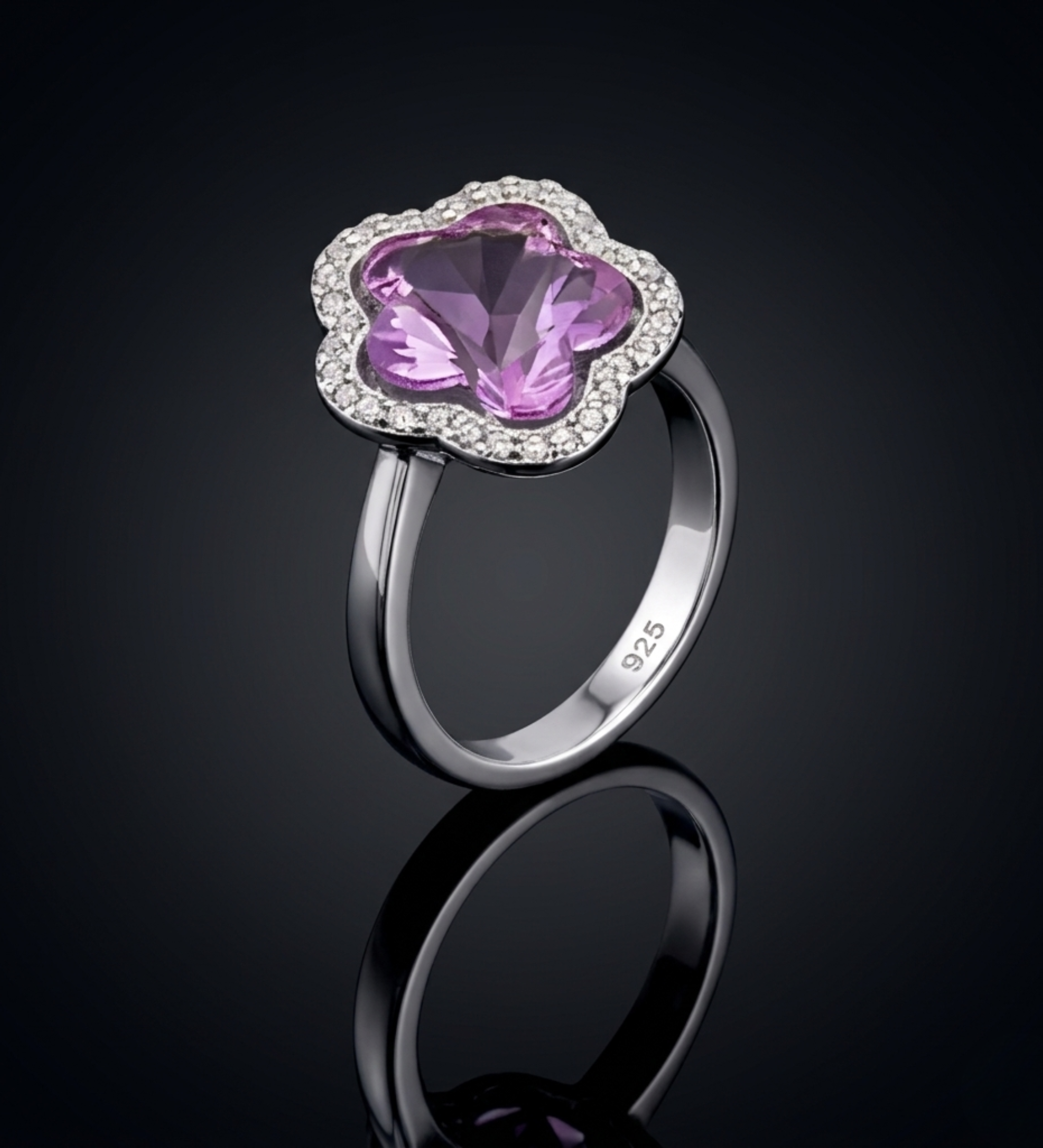 Sterling Silver Rose Gold Clove with Purple Crystal Ring S