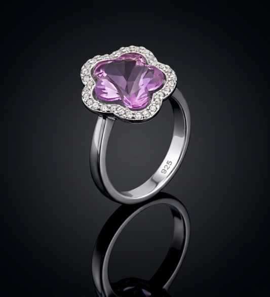 Sterling Silver Rose Gold Clove with Purple Crystal Ring S
