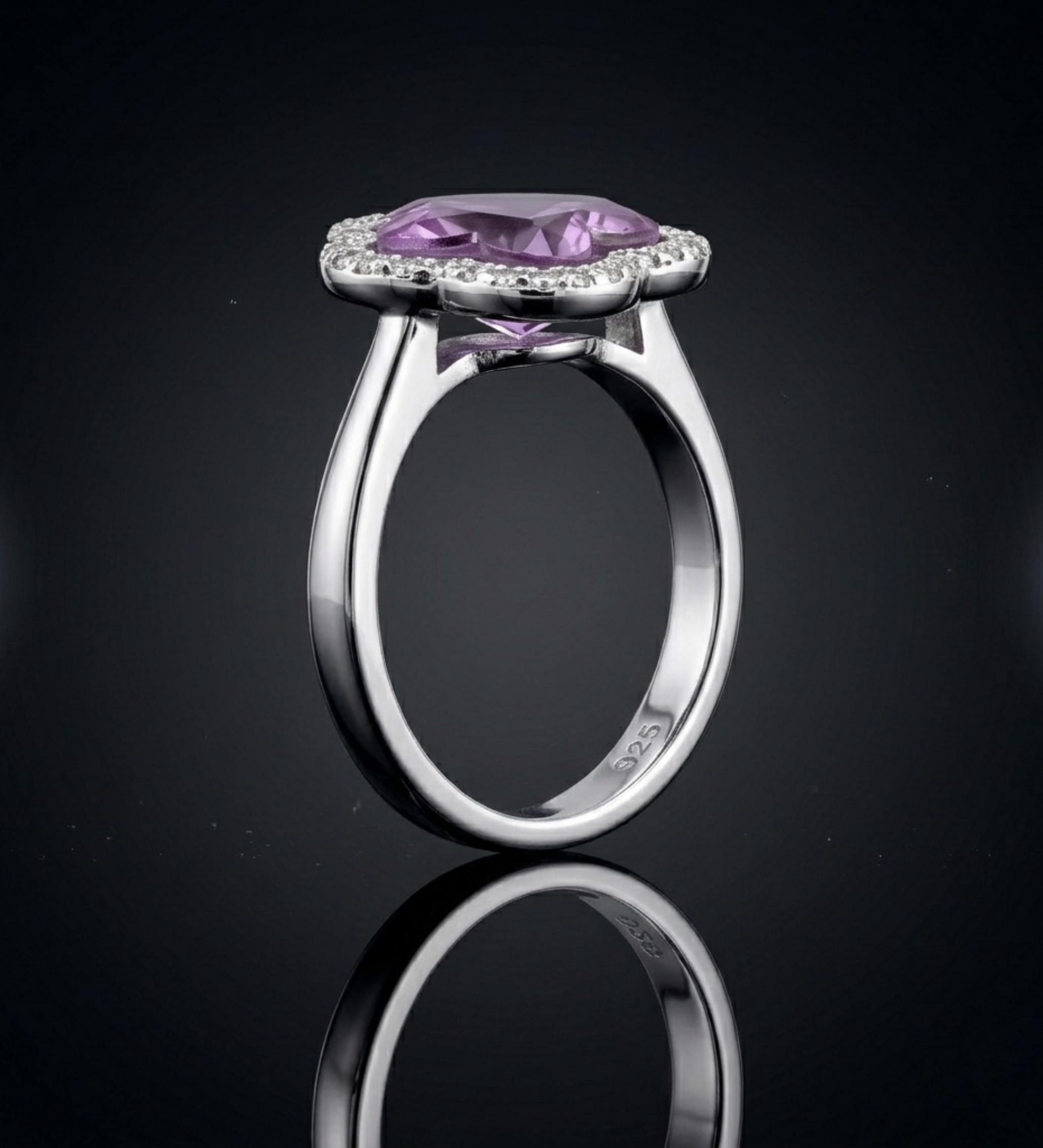 Sterling Silver Rose Gold Clove with Purple Crystal Ring S