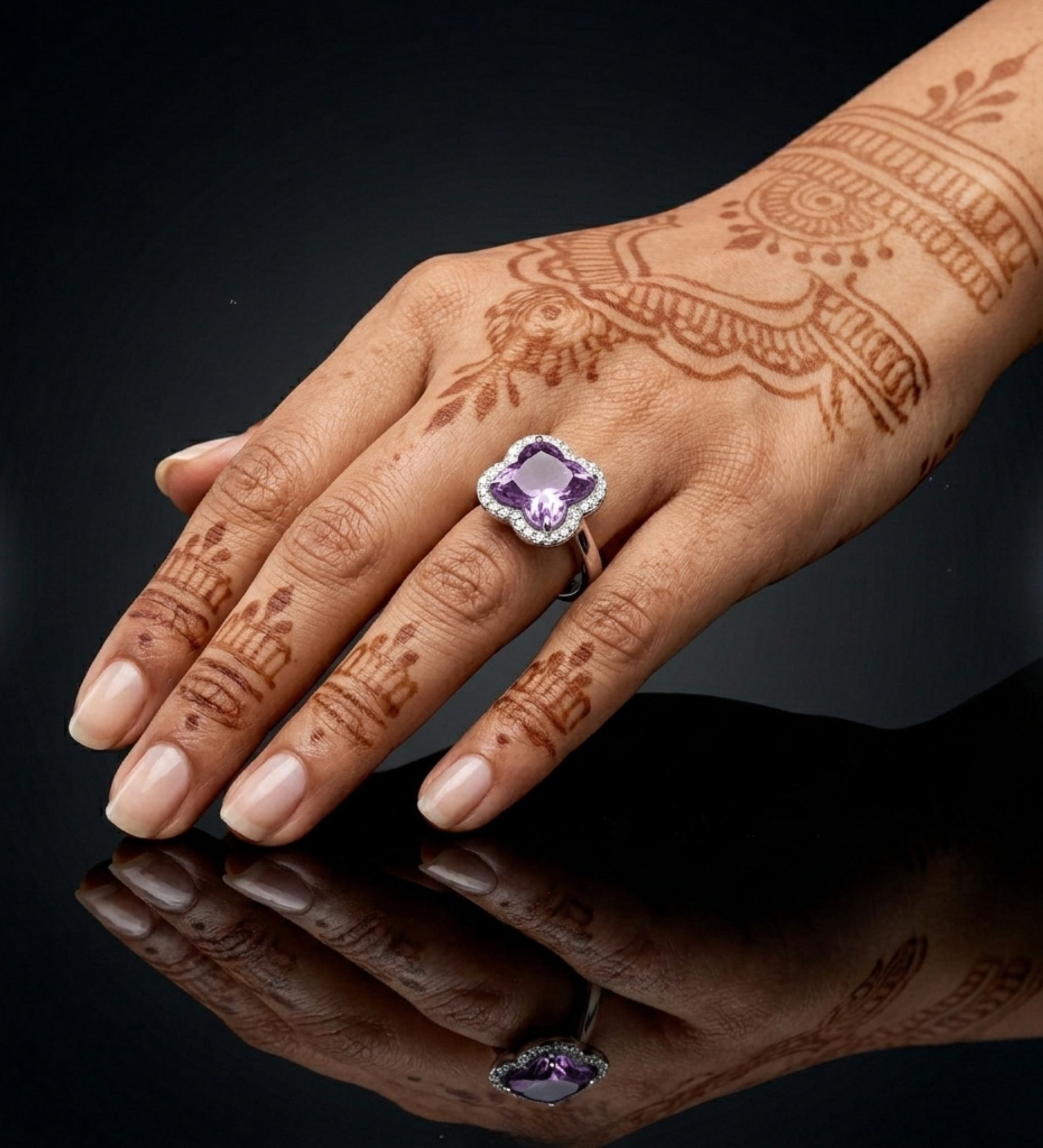 Sterling Silver Rose Gold Clove with Purple Crystal Ring S