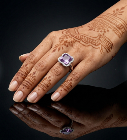 Sterling Silver Rose Gold Clove with Purple Crystal Ring S