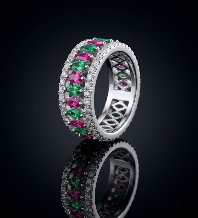 Multi-Color Red and Green Marquise Stone Band 925 Sterling Silver Ring