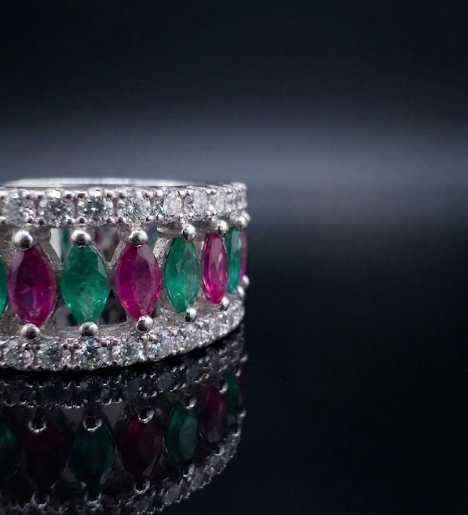 Multi-Color Red and Green Marquise Stone Band 925 Sterling Silver Ring