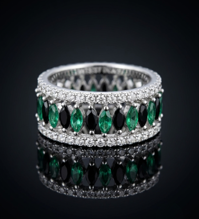 Multi-Color Green and Black Marquise Stone Band 925 Sterling Silver Ring
