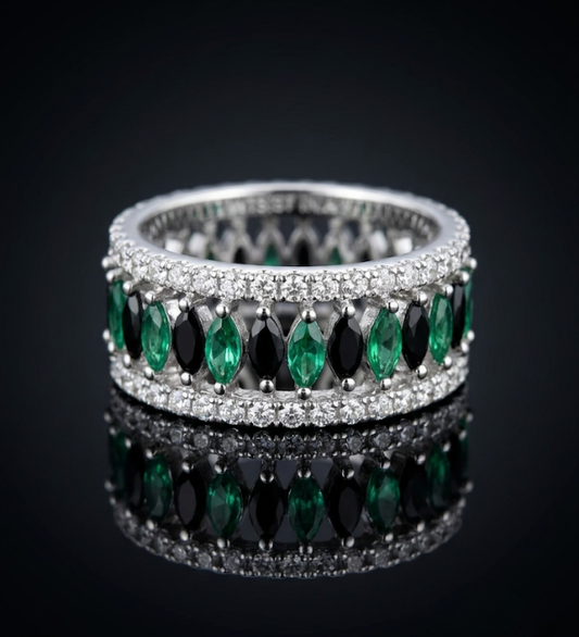 Multi-Color Green and Black Marquise Stone Band 925 Sterling Silver Ring