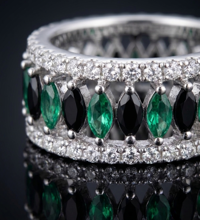 Multi-Color Green and Black Marquise Stone Band 925 Sterling Silver Ring