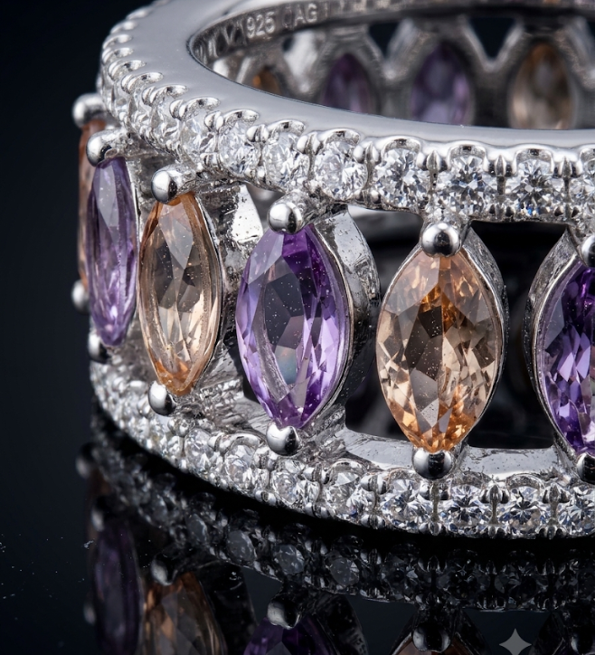 Multi-Color Purple and light Yello Marquise Stone Band 925 Sterling Silver Ring