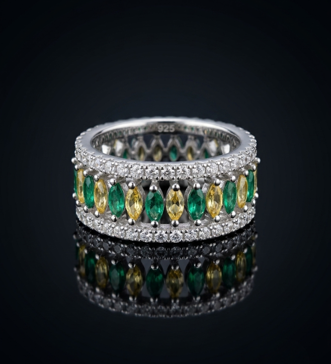 Multi-Color Yello and Green Marquise Stone Band 925 Sterling Silver Ring