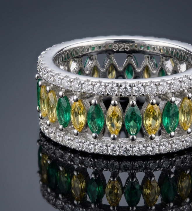 Multi-Color Yello and Green Marquise Stone Band 925 Sterling Silver Ring